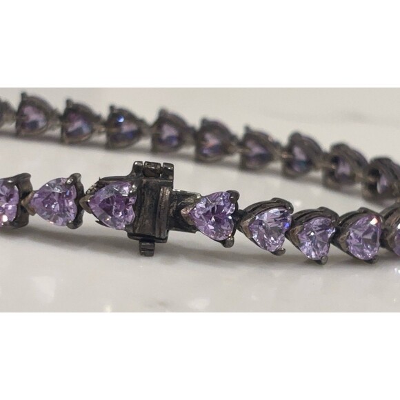 Vintage Sterling Silver Bracelet Purple Glass Heart Stones Signed 7" - Picture 10 of 14
